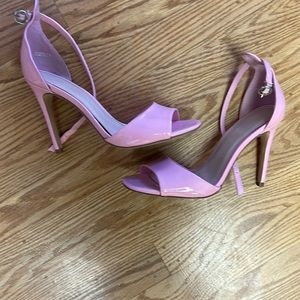 Pink patent ankle strap heels